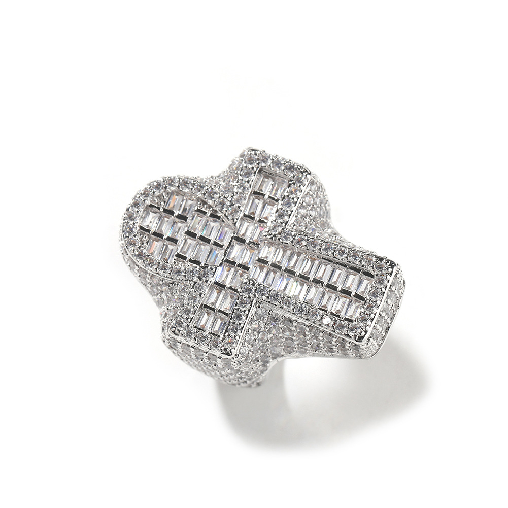 Diamond-Encrusted Cross Ring - Gold/Silver Plated Statement Piece with Sparkling Baguette Accents