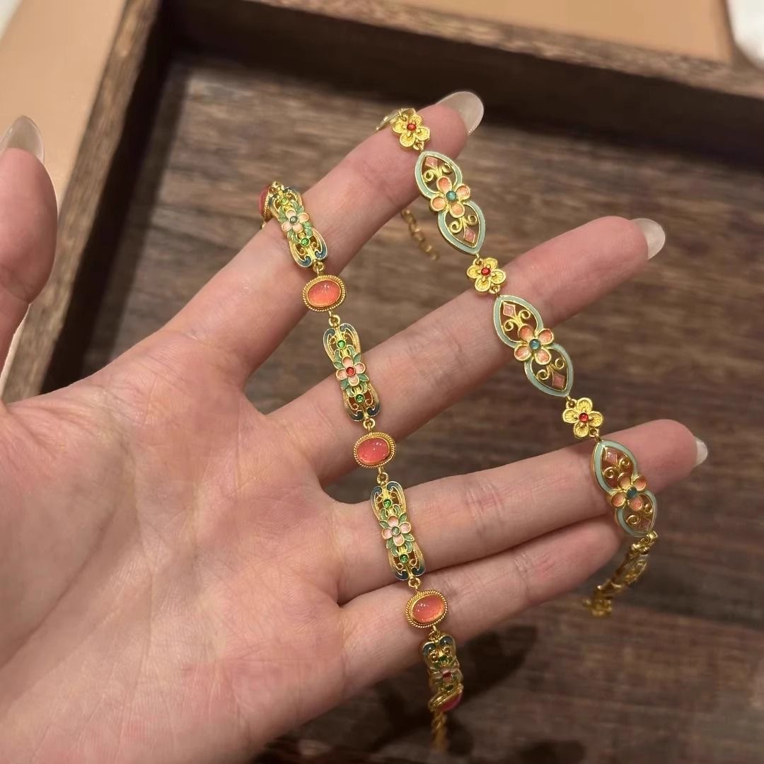 Vintage Enamel Flower Bracelet - Gold Plated Chain with Colorful Gemstone Links & Floral Accents
