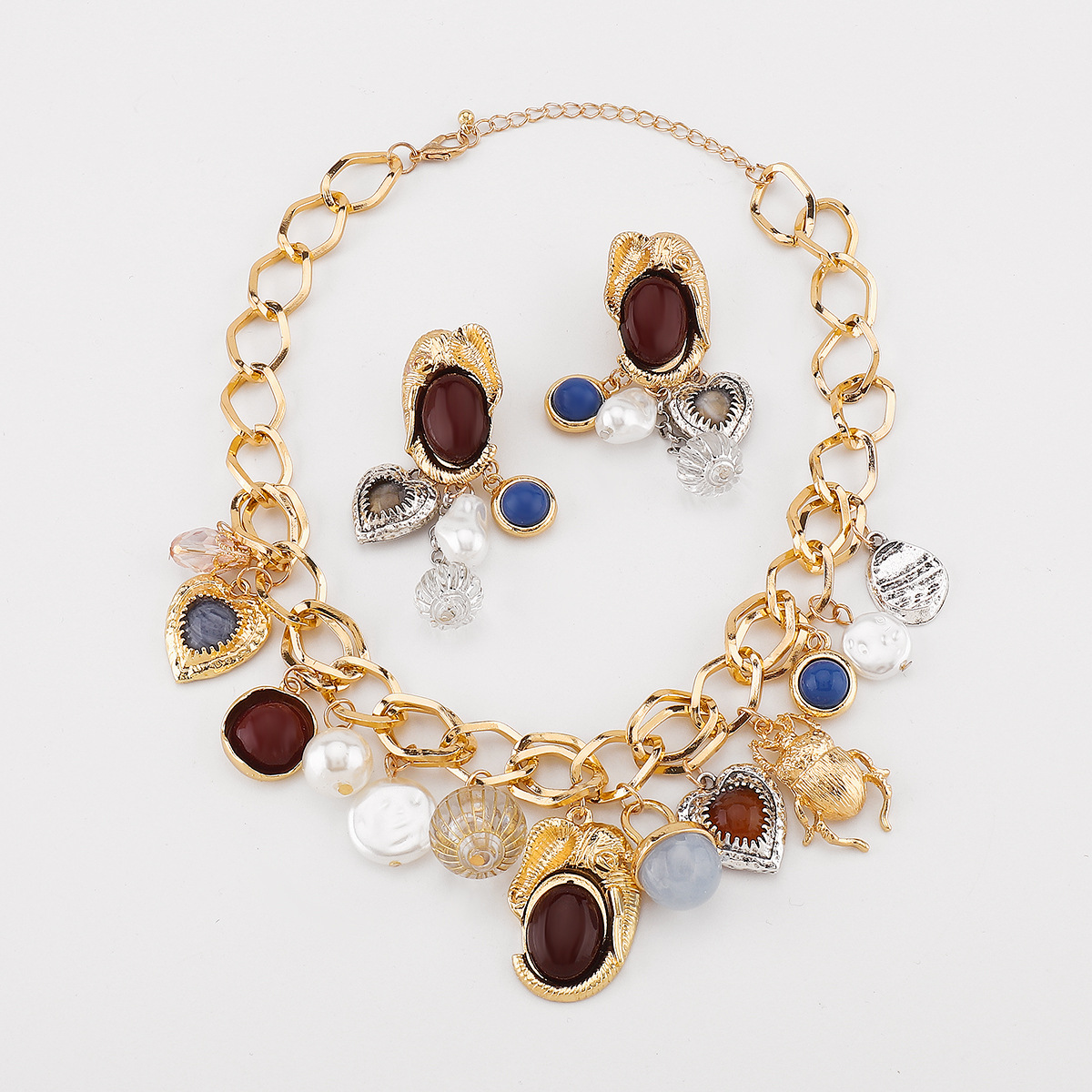 Eclectic Charm Necklace & Earring Set - Gold Plated Multi-Pendant Jewelry with Resin Accents