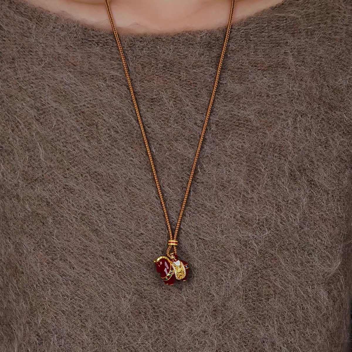 Luxury Red Enamel Horse Pendant Necklace - Gold Plated Charm with Rhinestone Saddle & Adjustable Brown Cord