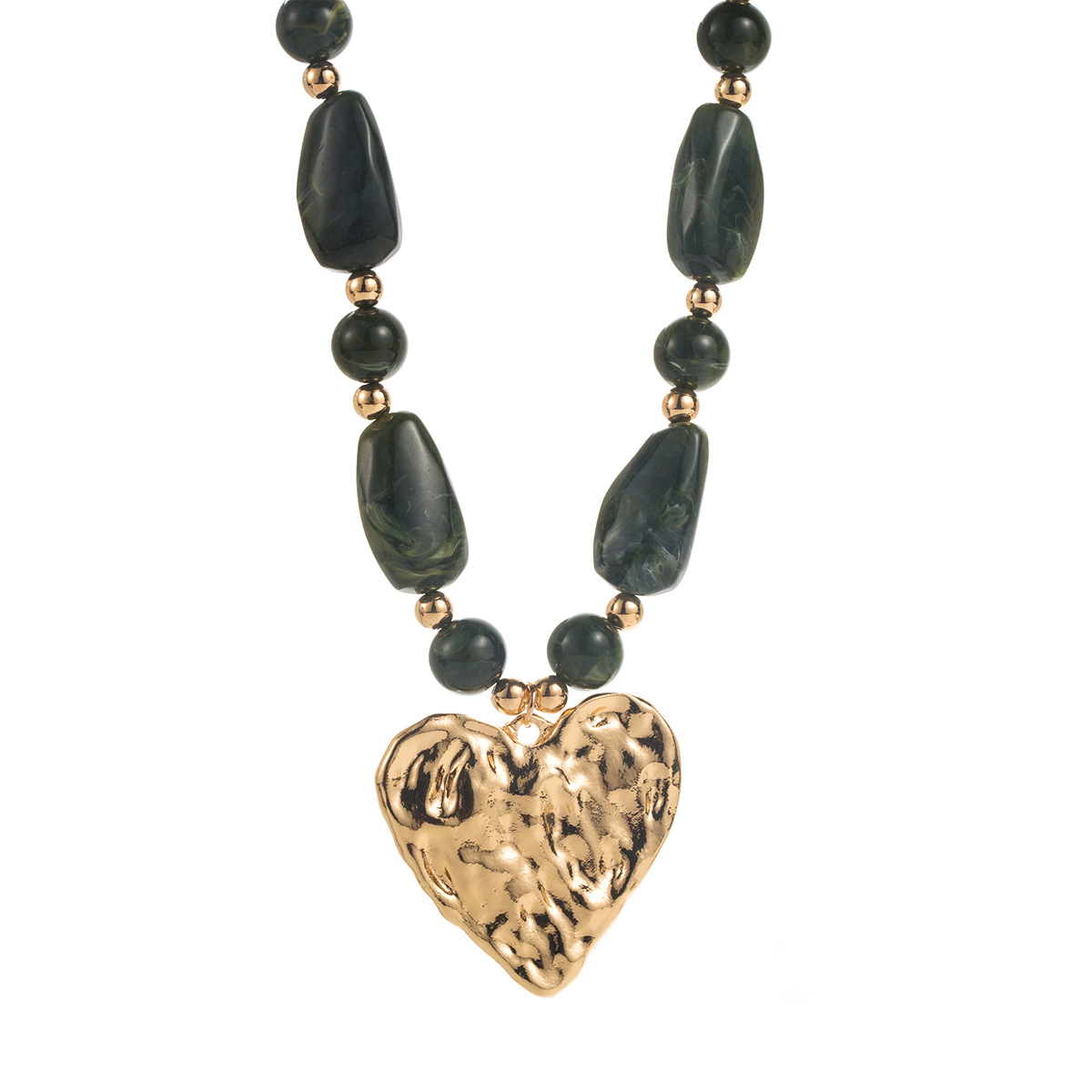 Textured Heart Pendant Necklace - Gold Plated Resin Bead Chain with Multi-Tone Drops