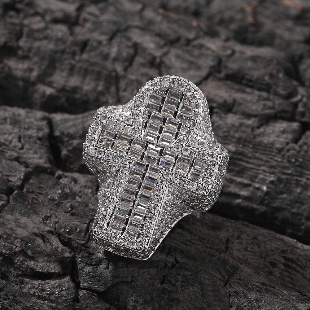 Diamond-Encrusted Cross Ring - Gold/Silver Plated Statement Piece with Sparkling Baguette Accents