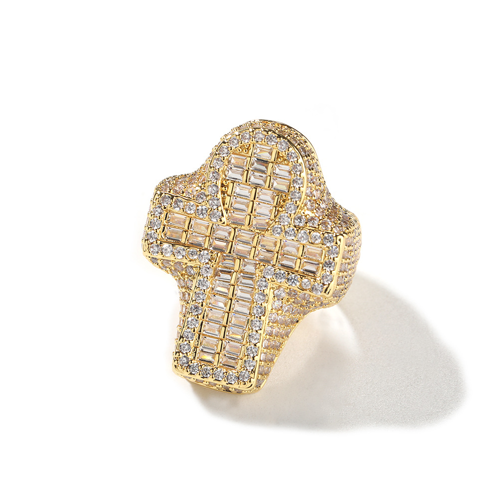 Diamond-Encrusted Cross Ring - Gold/Silver Plated Statement Piece with Sparkling Baguette Accents