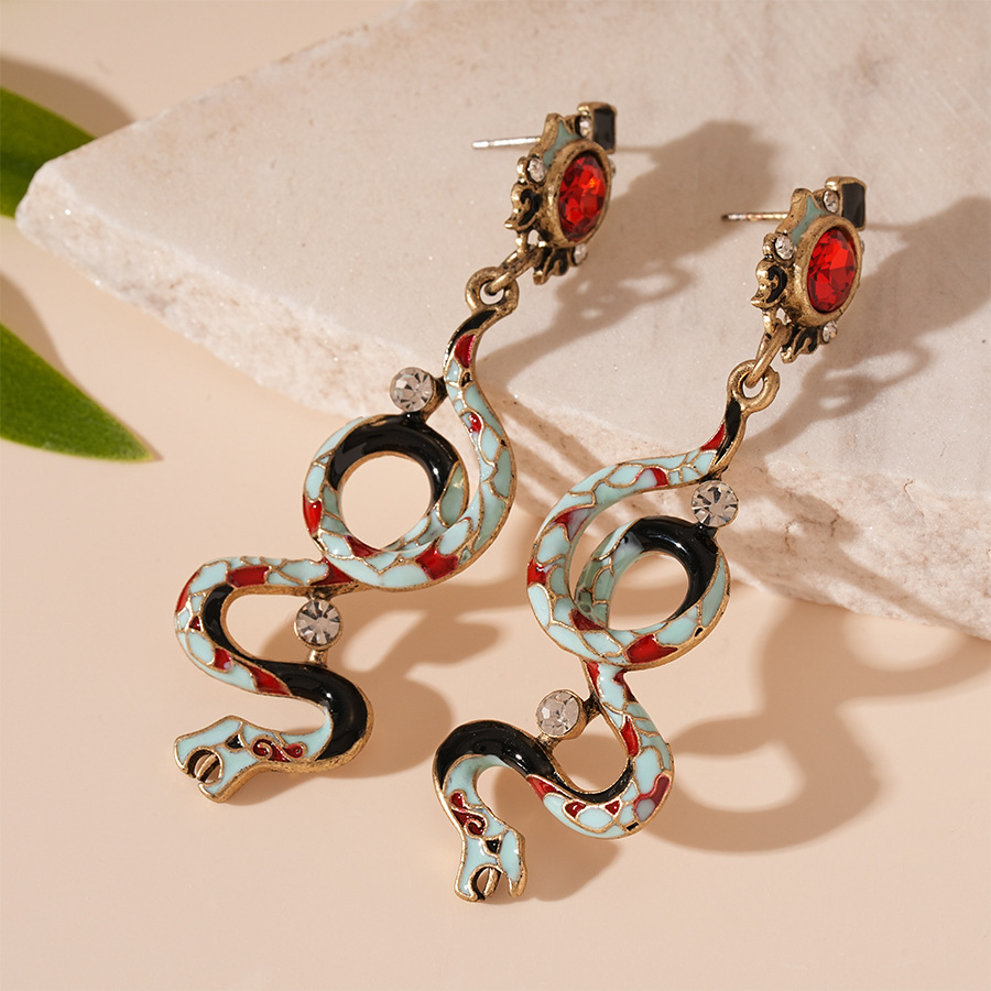 Mystic Enamel Snake Earrings - Gold Plated Dangle with Crystal Eyes & Vibrant Scale Design