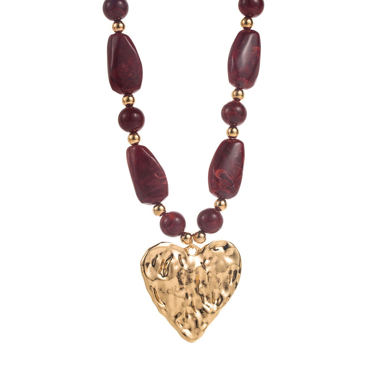 Textured Heart Pendant Necklace - Gold Plated Resin Bead Chain with Multi-Tone Drops
