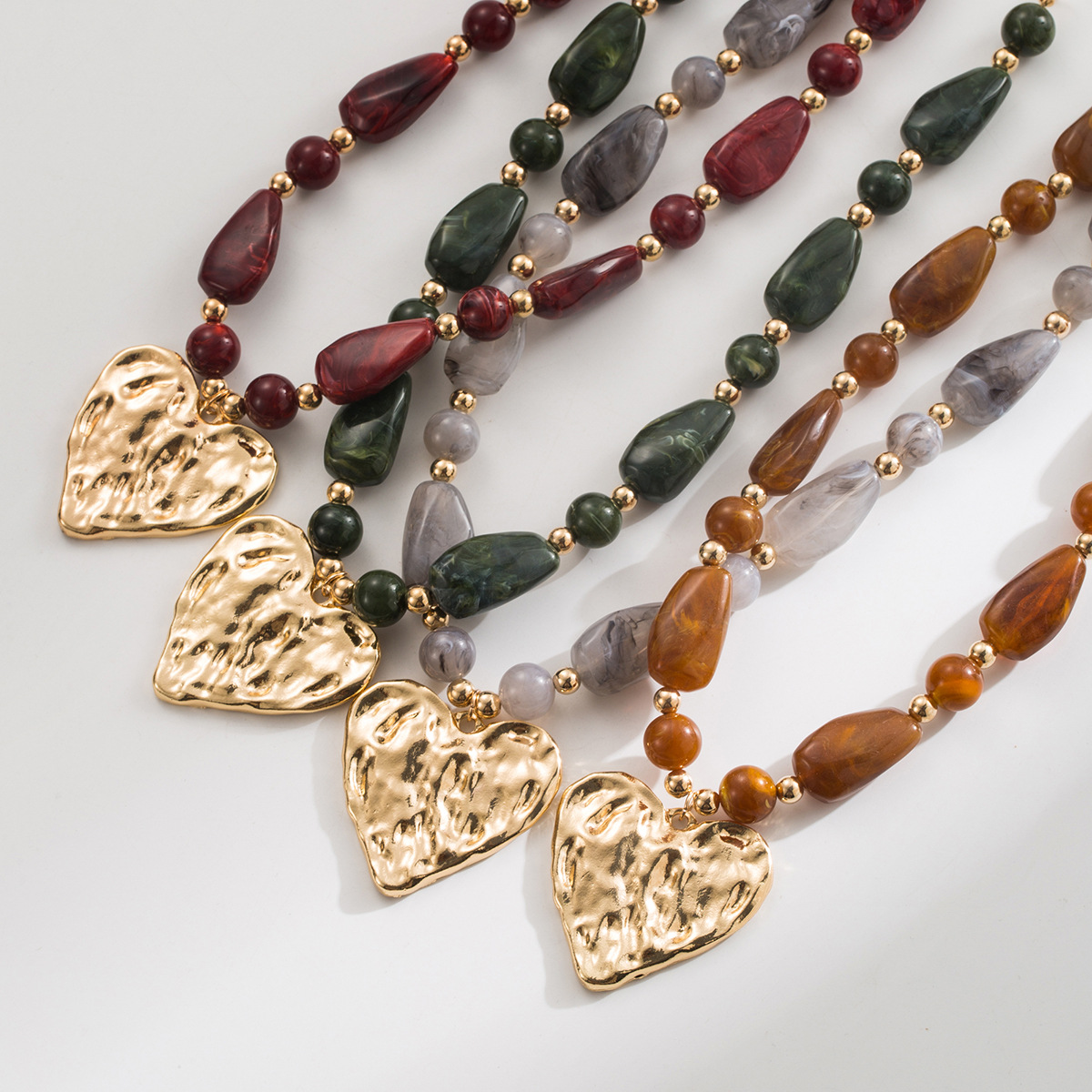 Textured Heart Pendant Necklace - Gold Plated Resin Bead Chain with Multi-Tone Drops