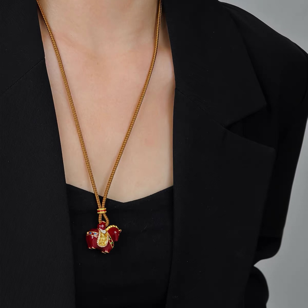 Luxury Red Enamel Horse Pendant Necklace - Gold Plated Charm with Rhinestone Saddle & Adjustable Brown Cord