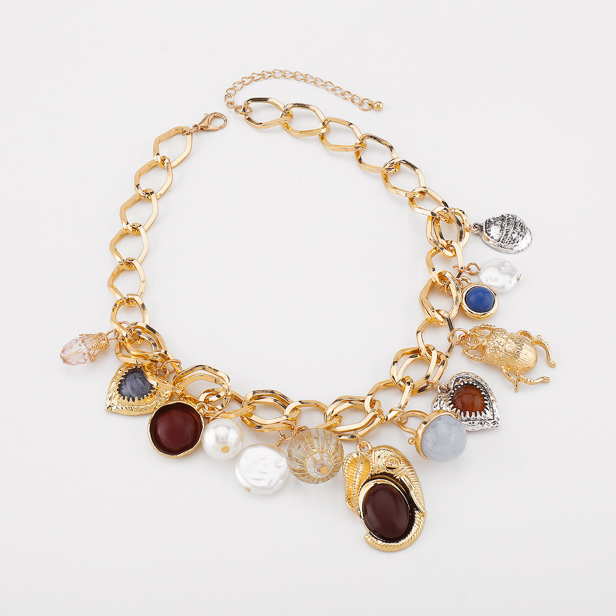 Eclectic Charm Necklace & Earring Set - Gold Plated Multi-Pendant Jewelry with Resin Accents