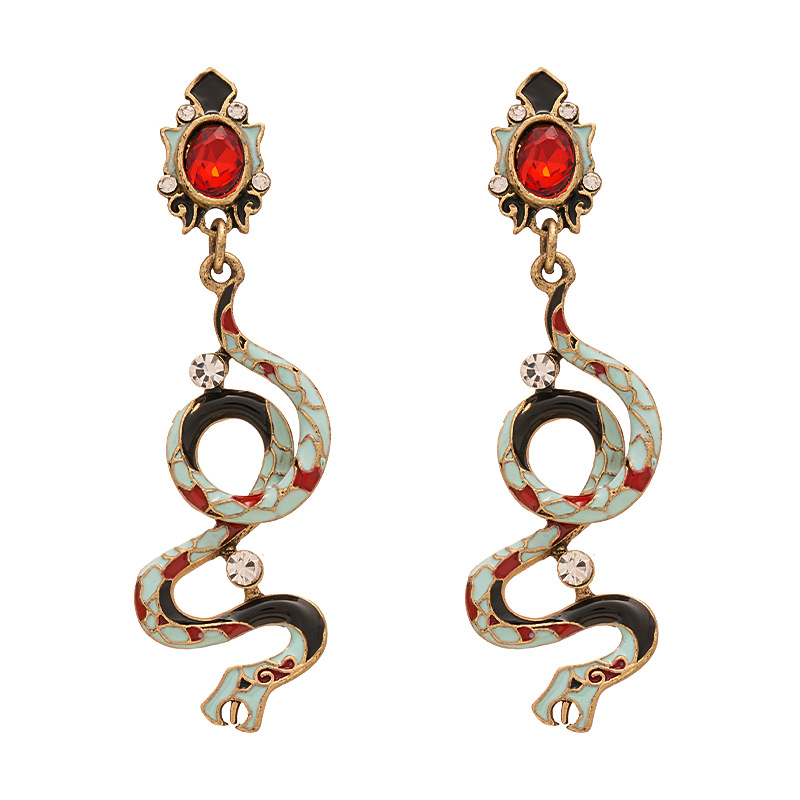 Mystic Enamel Snake Earrings - Gold Plated Dangle with Crystal Eyes & Vibrant Scale Design