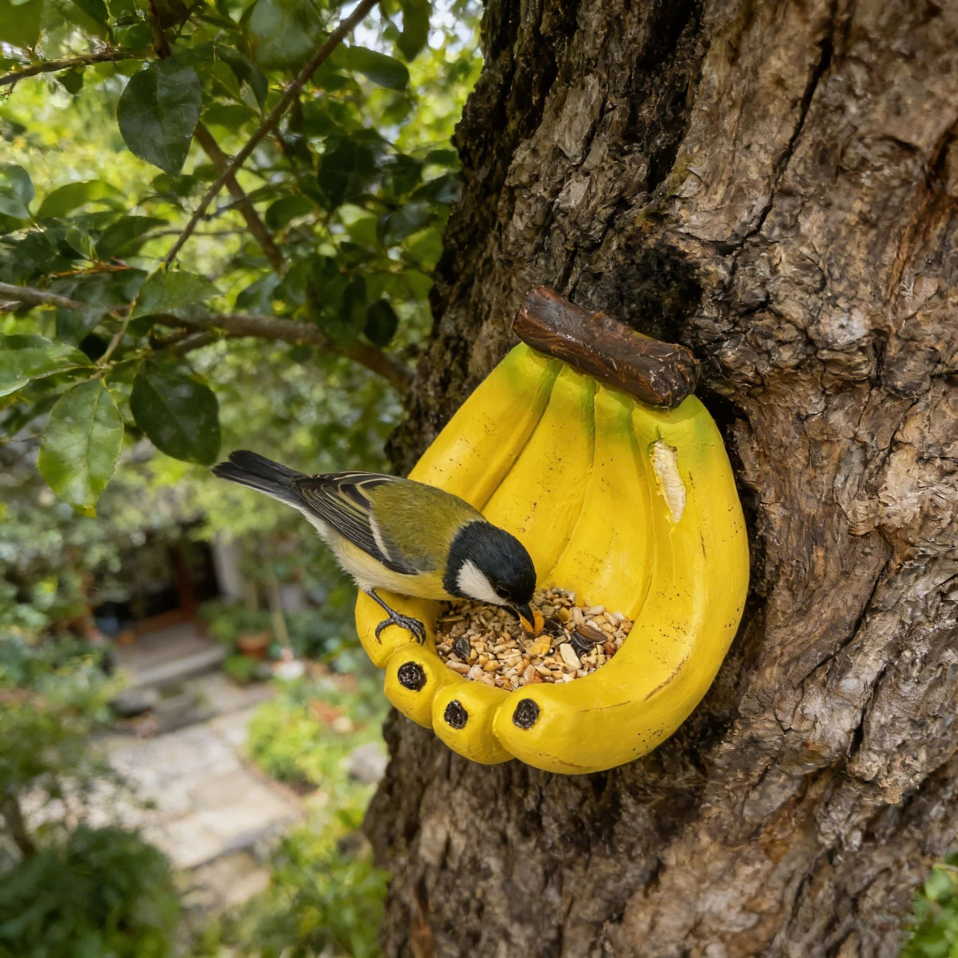 Banana-shaped bird feeder