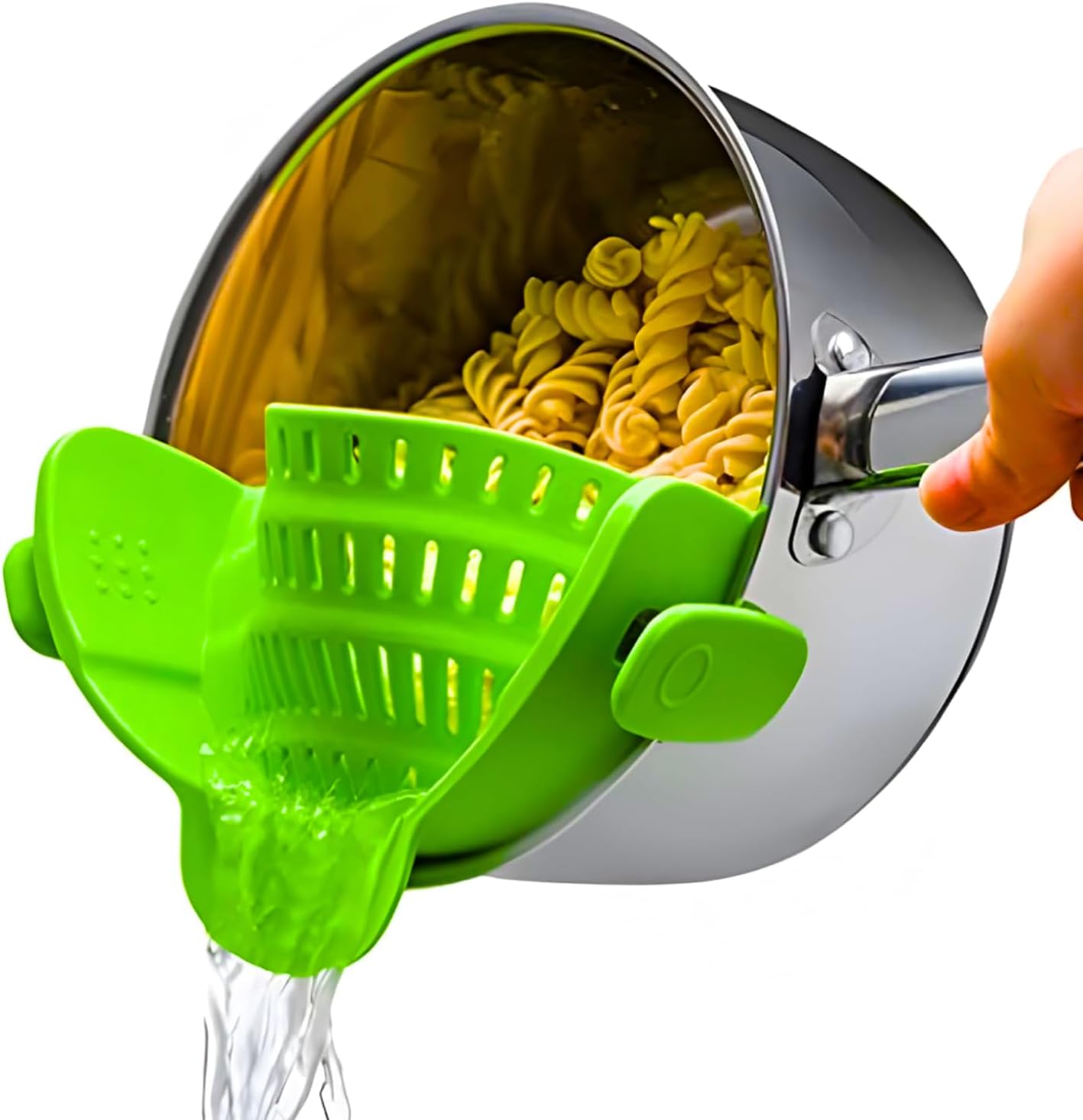 Close up of strainer draining water from cooked pasta.