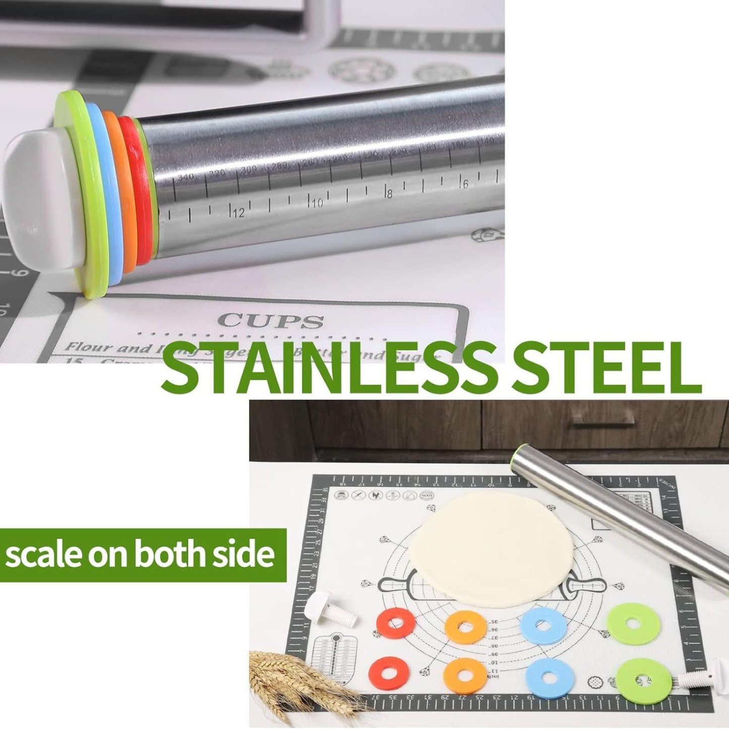 Stainless Steel Rolling Pin With Adjustable Thickness Rings