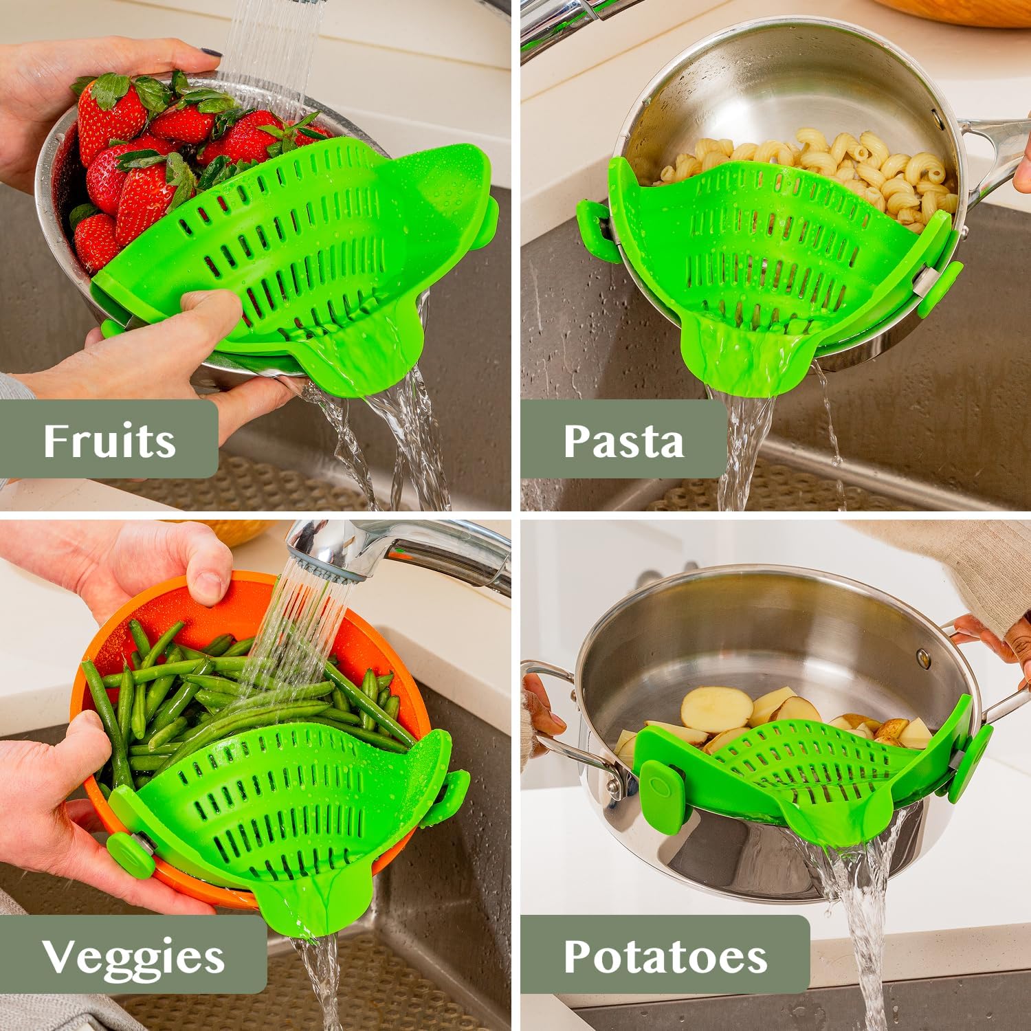 Collage showing the strainer used for fruits, pasta, veggies, and potatoes.