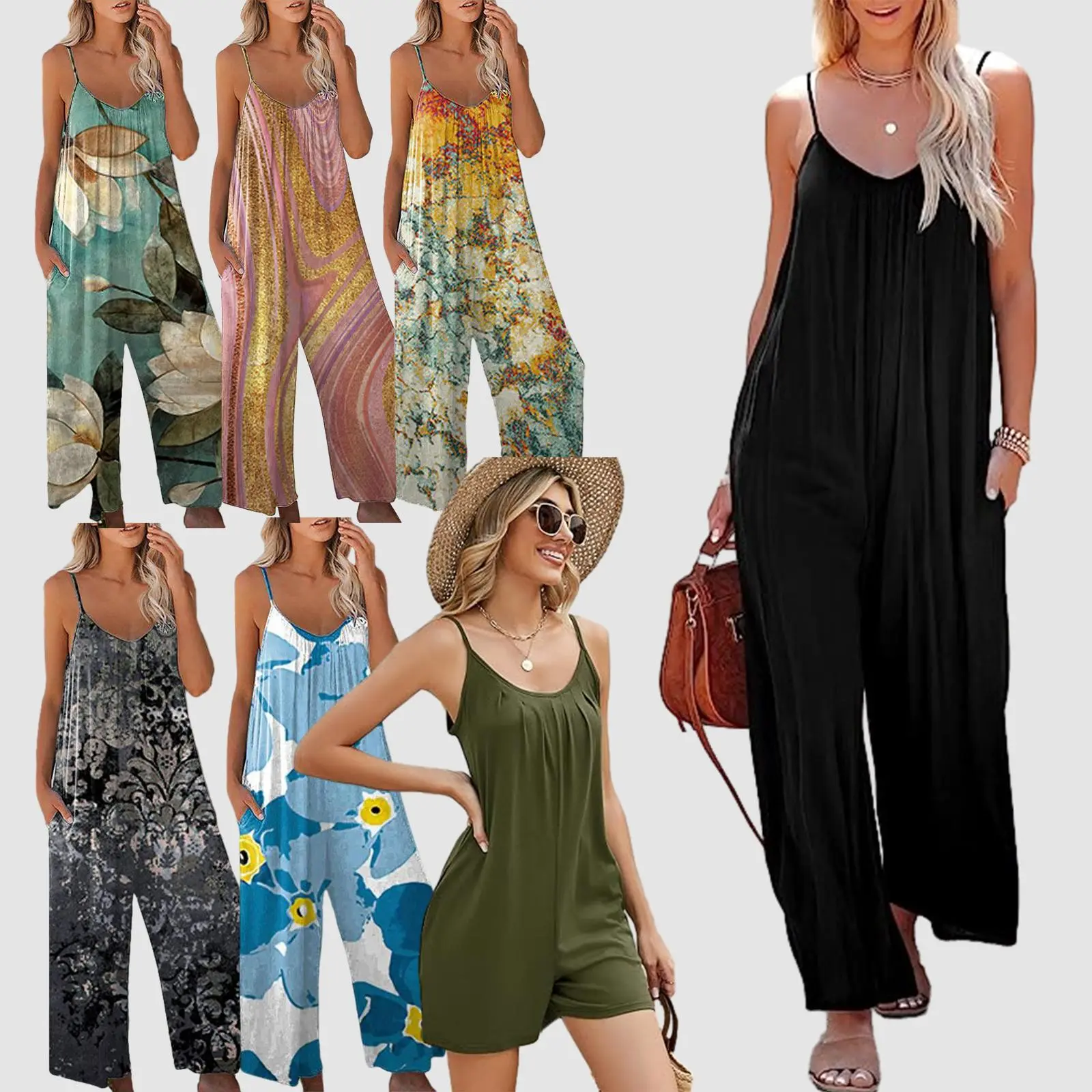 EVELLYHOOTD Plus Size Women Fashion Wide Leg Suspender Jumpsuit with Pockets Curvy Overalls 【Super Stretchy】【Plus Size M-3XL】