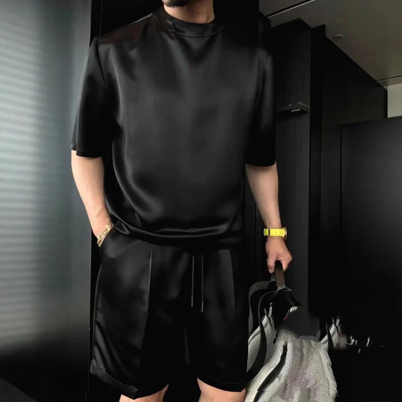🔥High Quality Men's Mercerized Cotton Casual Solid Color Top and Shorts Two-Piece Set[Loose fit, suitable for all occasions]