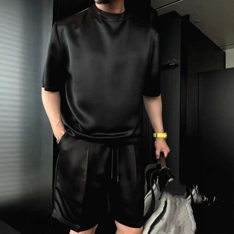 🔥High Quality Men's Mercerized Cotton Casual Solid Color Top and Shorts Two-Piece Set[Loose fit, suitable for all occasions]