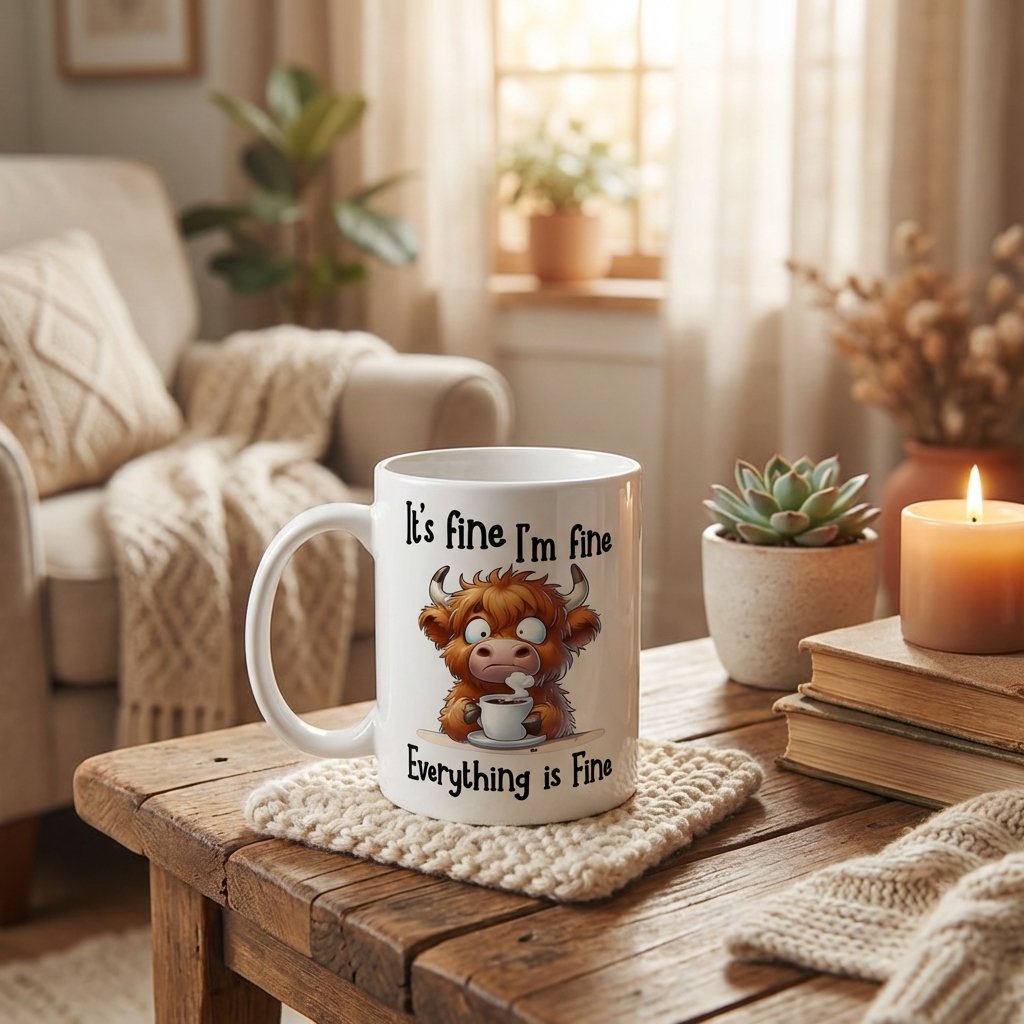 It’s Fine Highland Cow Mug – Your Daily Dose of Humour & Calm 🐮☕