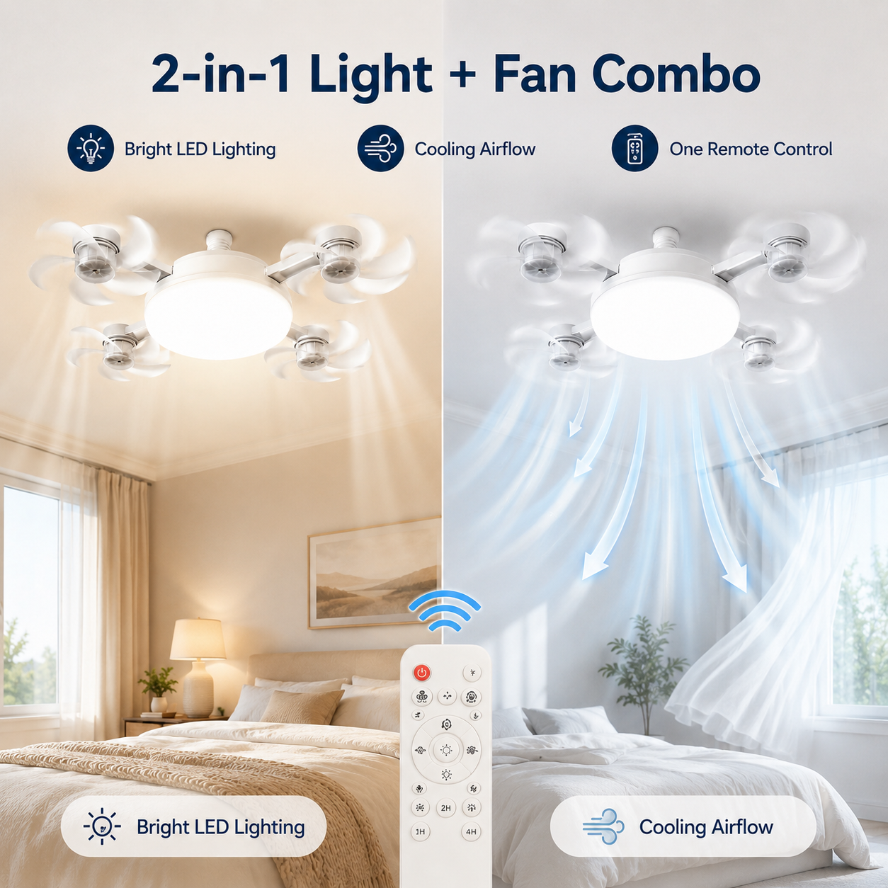 2 in 1 light and fan combo with LED lighting and cooling airflow