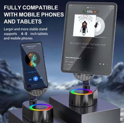 Upgraded Cell Phone Stand with Induction Speaker/Power Bank/Atmosphere Light