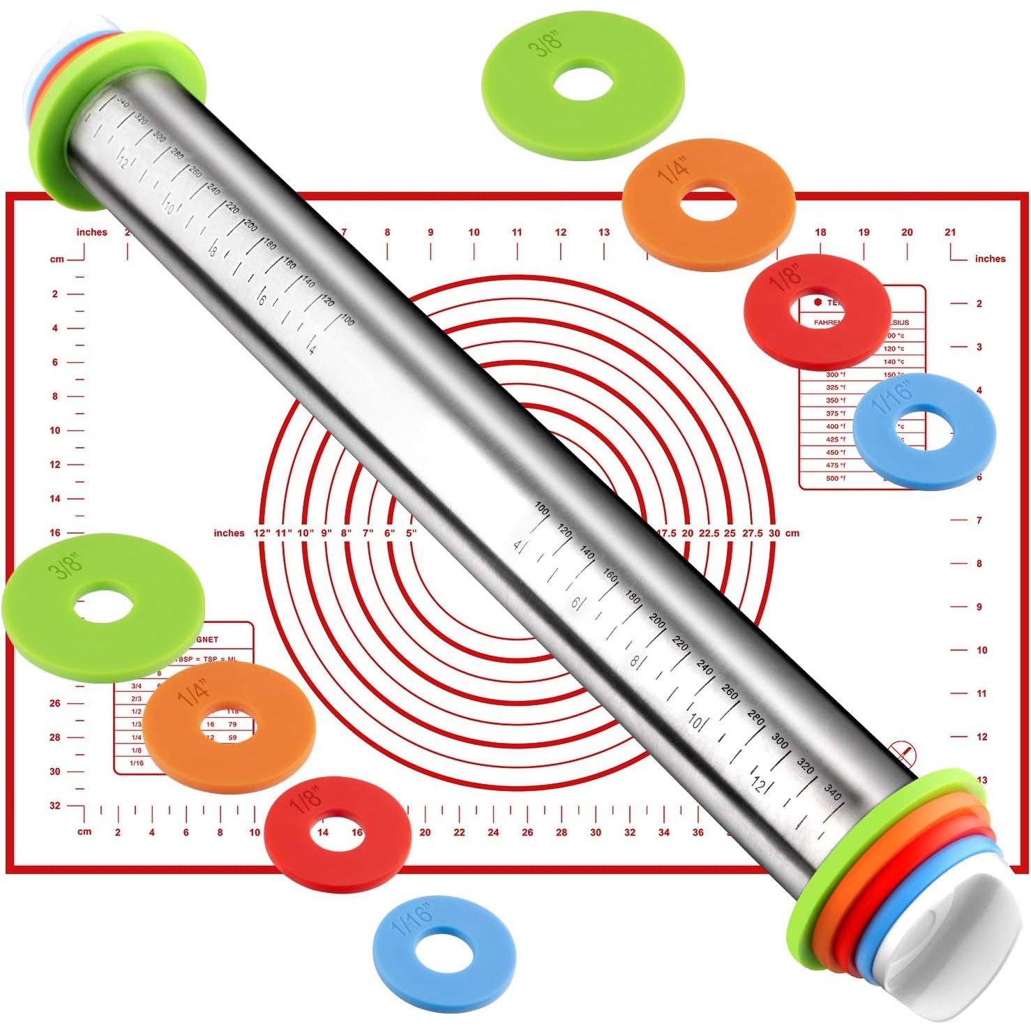 Stainless Steel Rolling Pin With Adjustable Thickness Rings