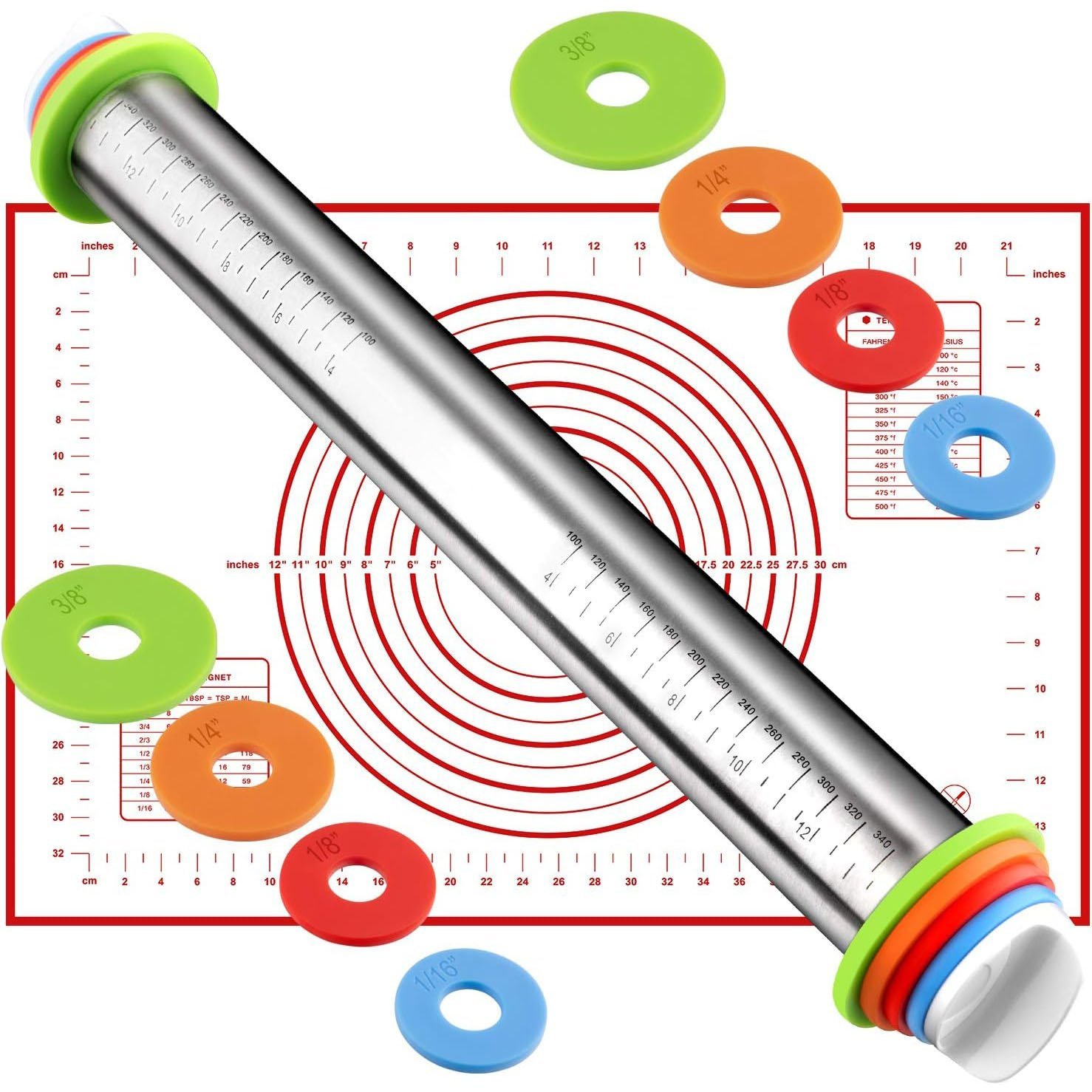 Stainless Steel Rolling Pin With Adjustable Thickness Rings