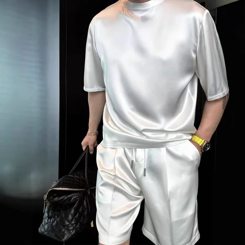 🔥High Quality Men's Mercerized Cotton Casual Solid Color Top and Shorts Two-Piece Set[Loose fit, suitable for all occasions]