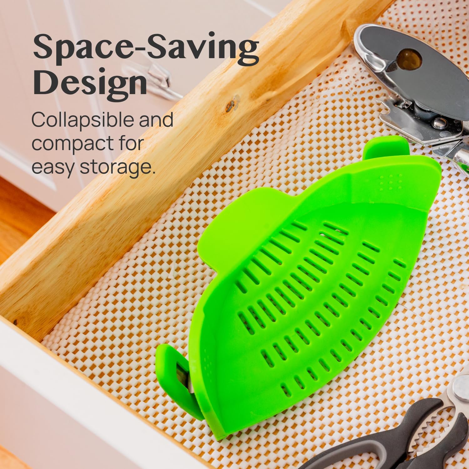 Strainer stored neatly in a kitchen drawer.