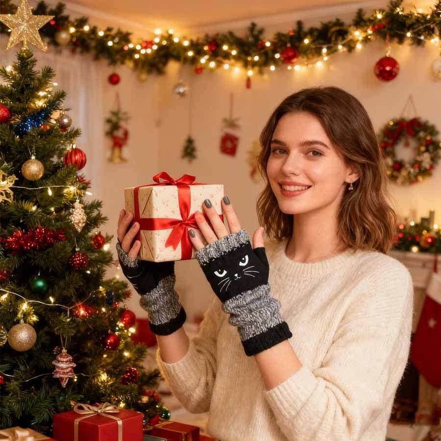 🎁🐱Cat Knitted fingerless gloves🧶