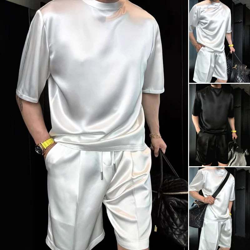 🔥High Quality Men's Mercerized Cotton Casual Solid Color Top and Shorts Two-Piece Set[Loose fit, suitable for all occasions]