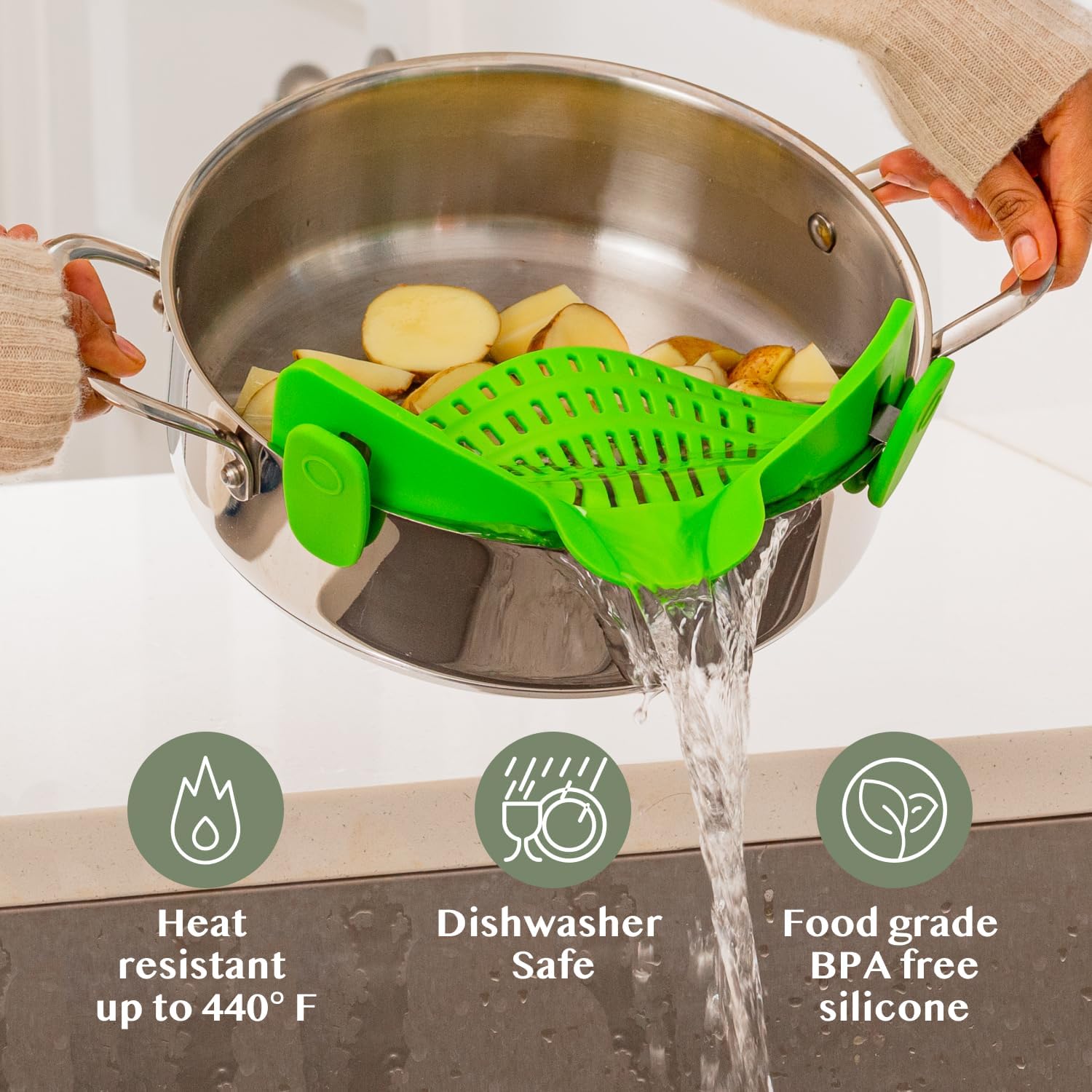 Strainer pouring liquid, highlighting material benefits.