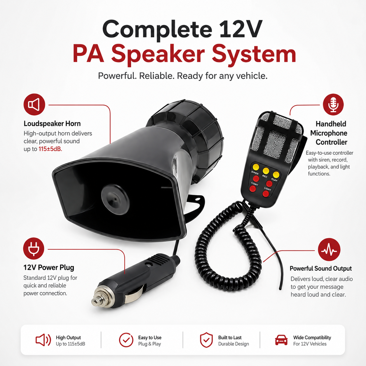 12V vehicle PA speaker system for trucks and work vehicles