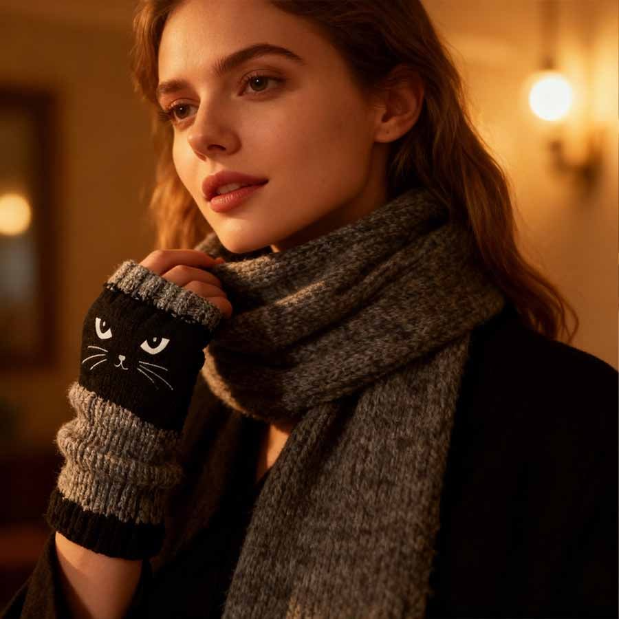 🎁🐱Cat Knitted fingerless gloves🧶