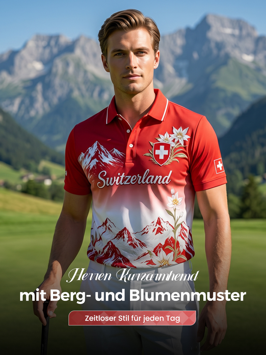 Herren-Poloshirt mit kurzen Ärmeln und Berg- sowie Blumenmuster