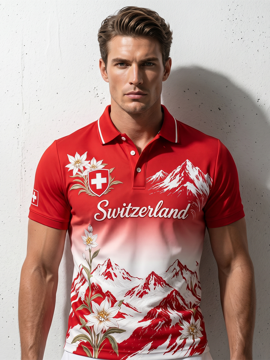 Herren-Poloshirt mit kurzen Ärmeln und Berg- sowie Blumenmuster