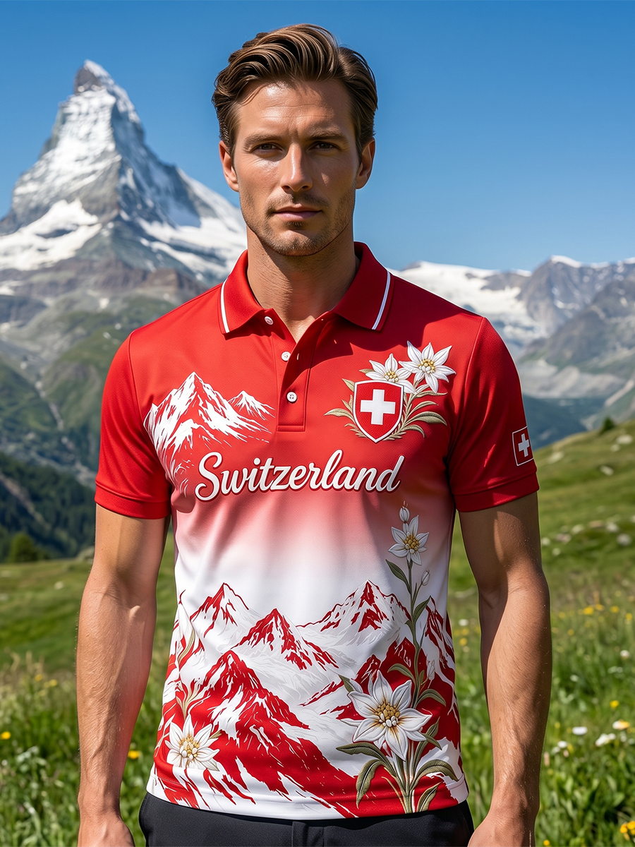 Herren-Poloshirt mit kurzen Ärmeln und Berg- sowie Blumenmuster