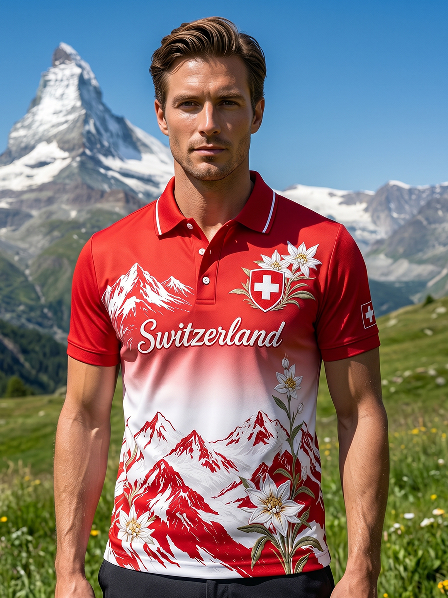 Herren-Poloshirt mit kurzen Ärmeln und Berg- sowie Blumenmuster
