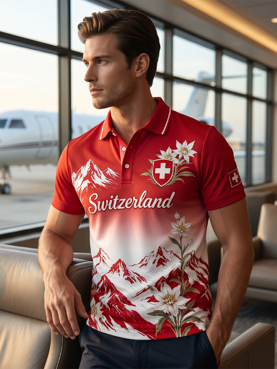 Herren-Poloshirt mit kurzen Ärmeln und Berg- sowie Blumenmuster