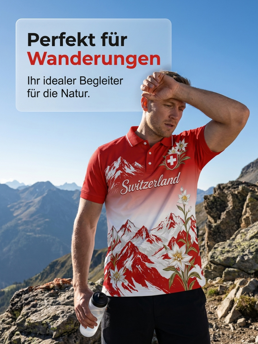 Herren-Poloshirt mit kurzen Ärmeln und Berg- sowie Blumenmuster