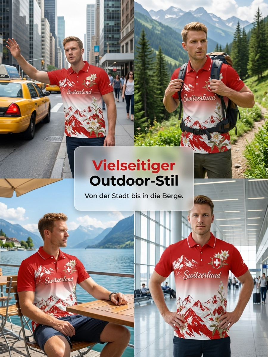 Herren-Poloshirt mit kurzen Ärmeln und Berg- sowie Blumenmuster