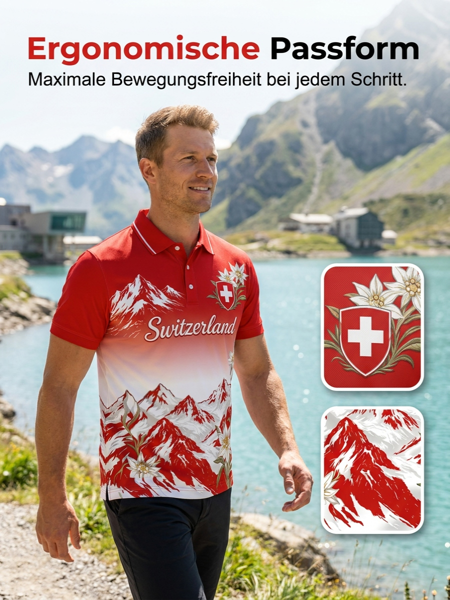 Herren-Poloshirt mit kurzen Ärmeln und Berg- sowie Blumenmuster