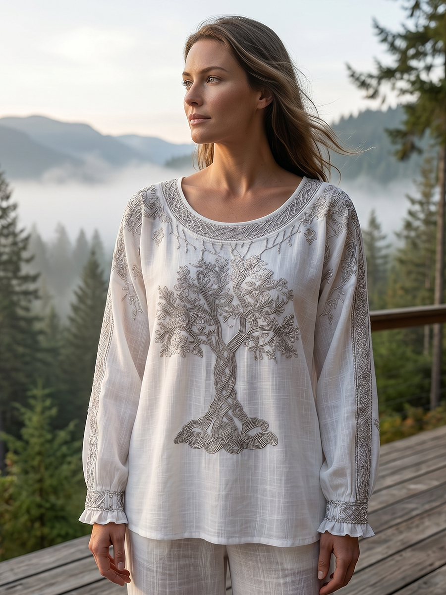 Damen-Top im Vintage-Stil mit floraler Kunstprint-Optik, aus Baumwolle und Leinen, lässig