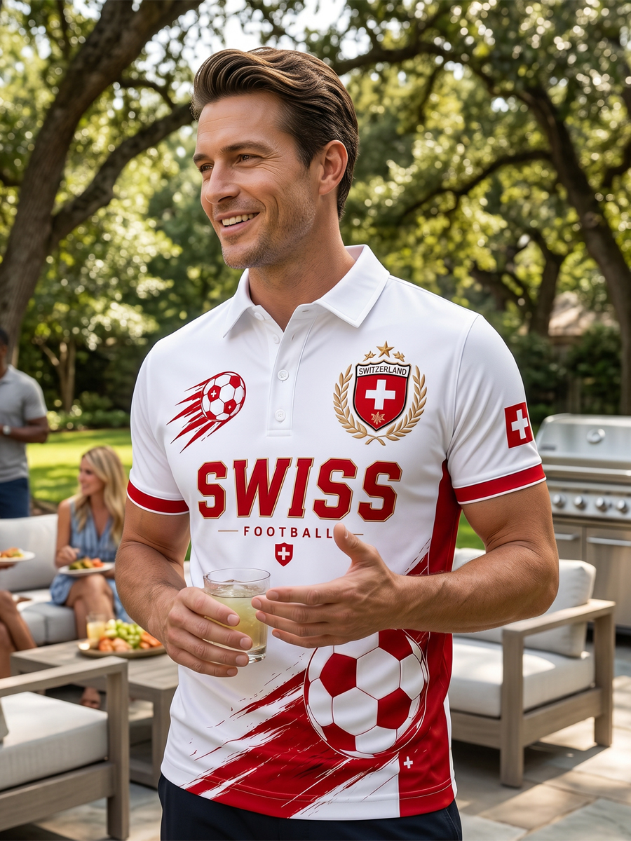 Herren-Poloshirt mit kurzen Ärmeln und Fußballmotiv