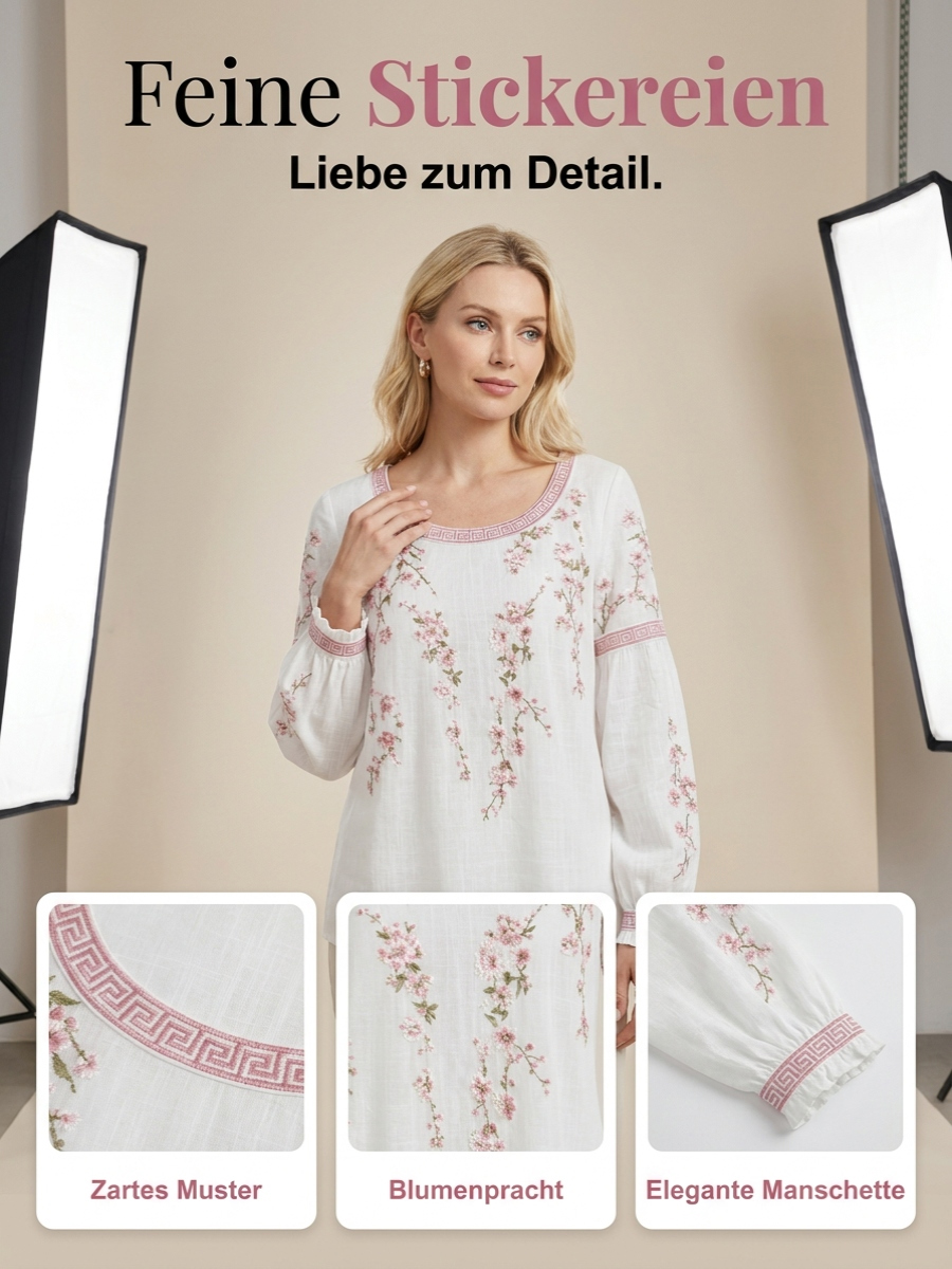 Damen-Top im Vintage-Stil aus Baumwolle und Leinen, lässig geschnitten, mit gestickten Blumen und bedrucktem Patchwork-Design