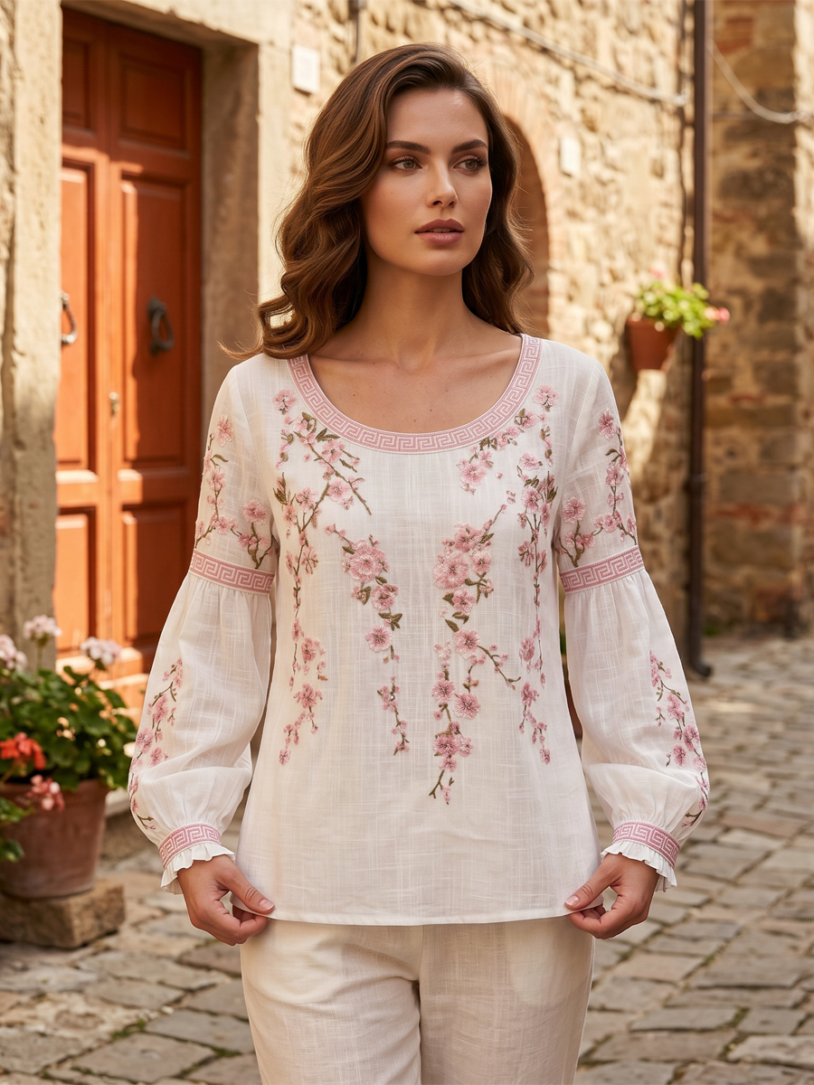Damen-Top im Vintage-Stil aus Baumwolle und Leinen, lässig geschnitten, mit gestickten Blumen und bedrucktem Patchwork-Design