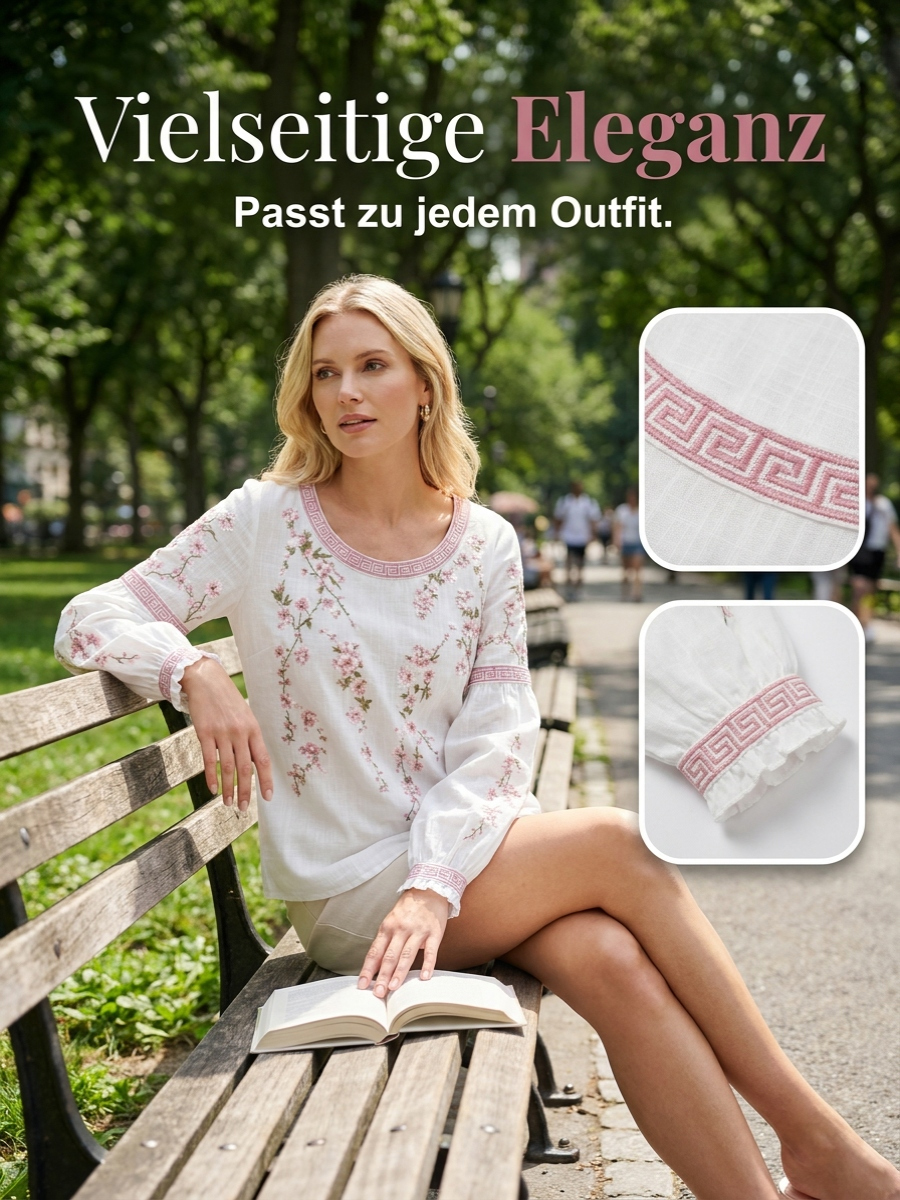 Damen-Top im Vintage-Stil aus Baumwolle und Leinen, lässig geschnitten, mit gestickten Blumen und bedrucktem Patchwork-Design