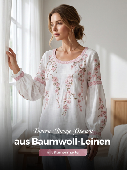 Damen-Top im Vintage-Stil aus Baumwolle und Leinen, lässig geschnitten, mit gestickten Blumen und bedrucktem Patchwork-Design