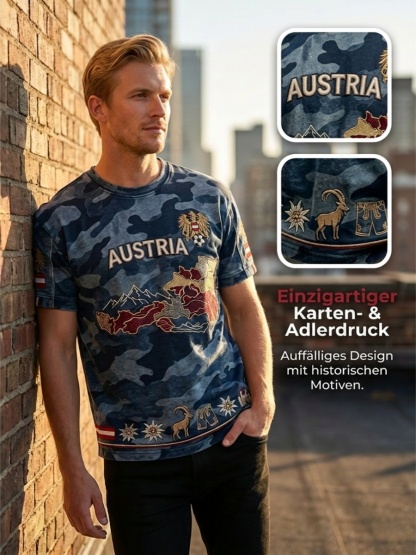 Vintage österreichisches Adler-Camo-Karten-Lässig-T-Shirt