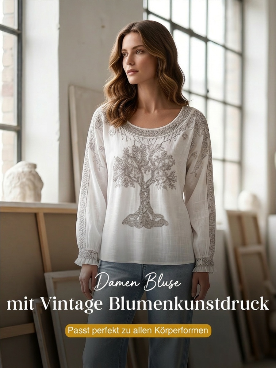 Damen-Top im Vintage-Stil mit floraler Kunstprint-Optik, aus Baumwolle und Leinen, lässig