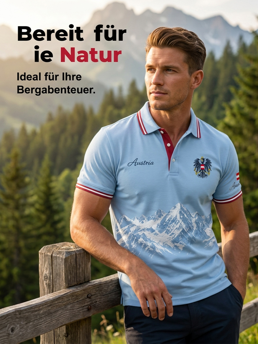 Herren-Poloshirt mit Bergmotiv-Stickerei und -Print