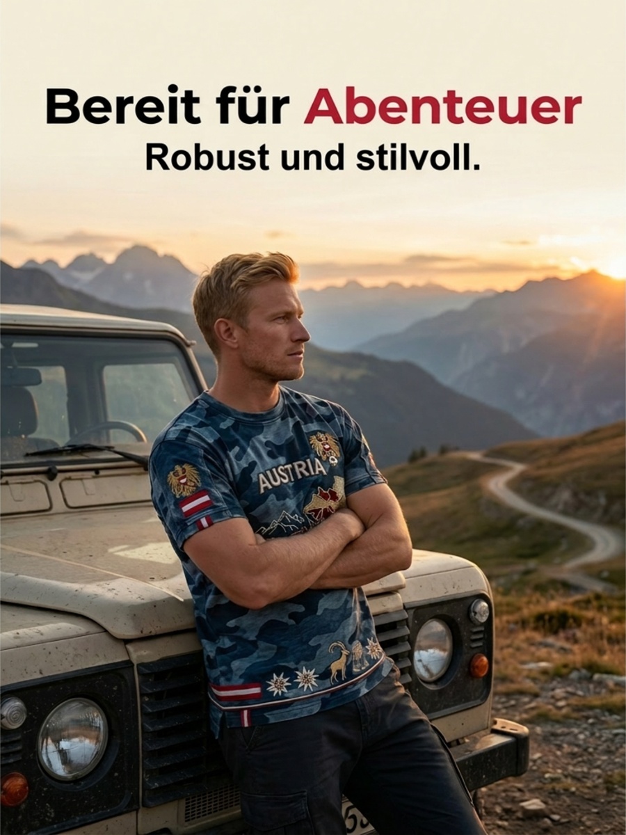 Vintage österreichisches Adler-Camo-Karten-Lässig-T-Shirt